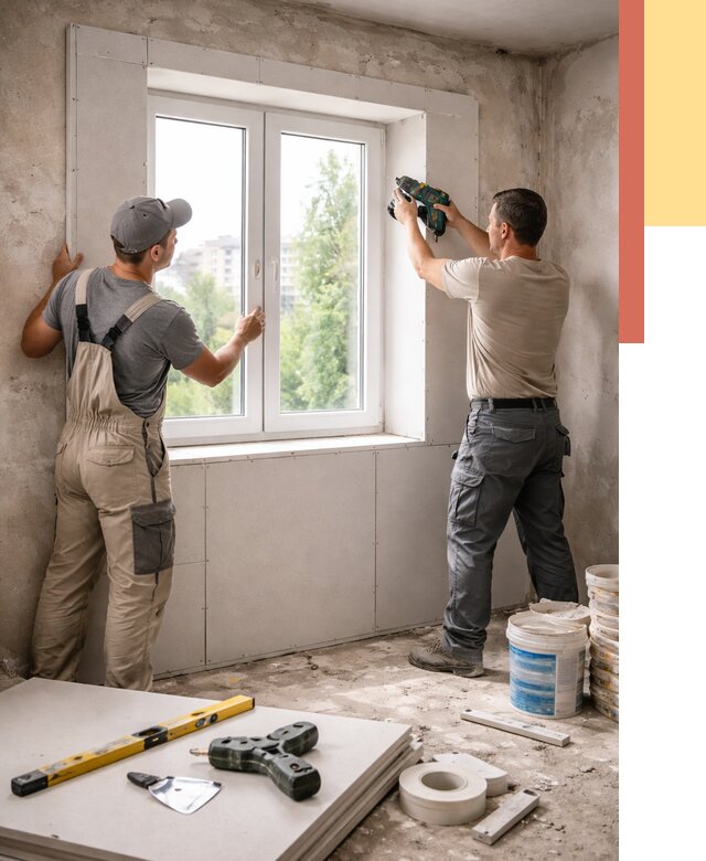 Монтаж откосов из гипсокартона в Кимовске от 4639 руб. под ключ | ОТДЕЛОЧНИК-Кмв