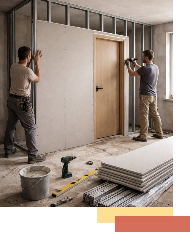 Перегородка из гипсокартона с дверью под ключ в Кимовске