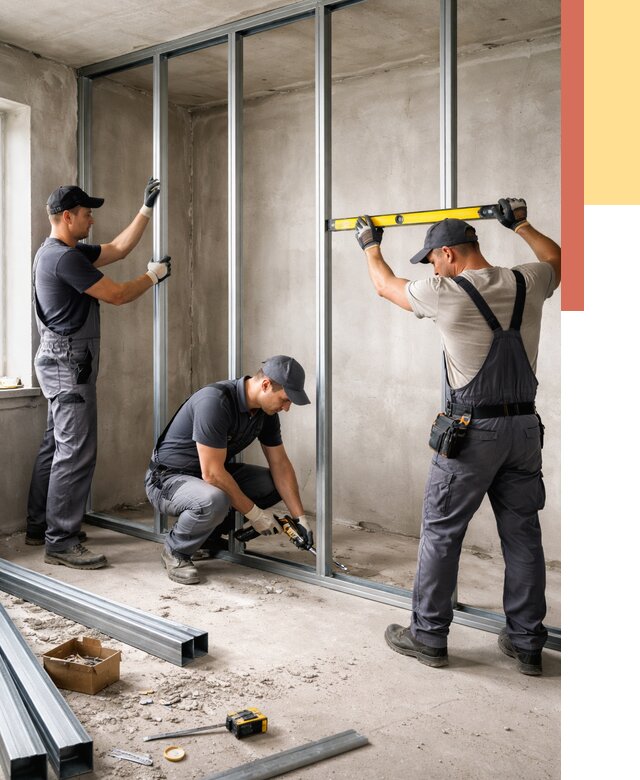 Монтаж каркаса перегородки из профиля в Кимовске от 773 руб. | ОТДЕЛОЧНИК-Кмв