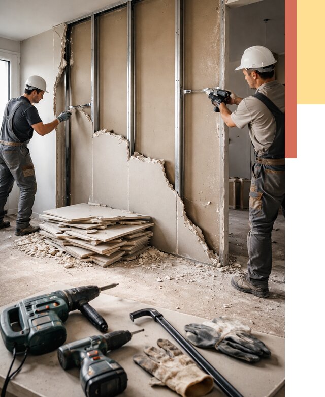 Демонтаж перегородки из гипсокартона в Кимовске от 1237 руб. быстро и недорого | ОТДЕЛОЧНИК-Кмв