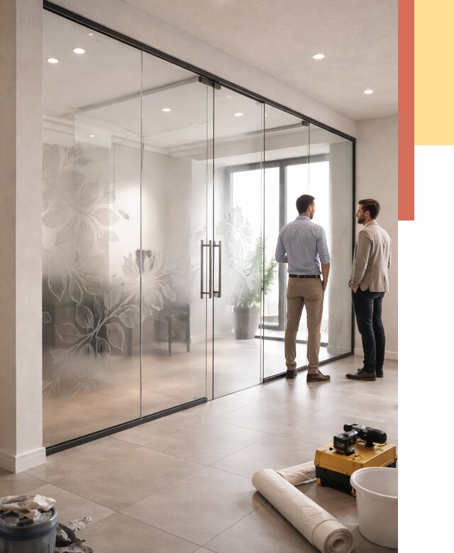 Стеклянные перегородки с рисунком в Кимовске от 12885 руб. монтаж и нанесение | ОТДЕЛОЧНИК-Кмв