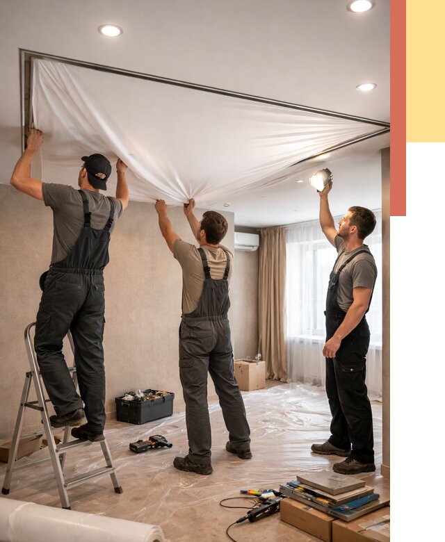 Монтаж ПВХ натяжного потолка в Кимовске от 3608 руб. под ключ | ОТДЕЛОЧНИК-Кмв