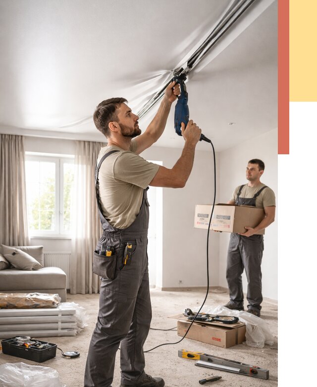 Монтаж сатинового натяжного потолка в Кимовске от 3608 руб. | Быстро, недорого — ОТДЕЛОЧНИК-Кмв