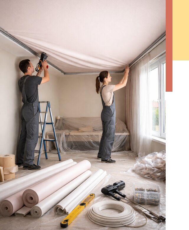 Монтаж цветного натяжного потолка в Кимовске от 4329 руб/м² — быстро и недорого | ОТДЕЛОЧНИК-Кмв