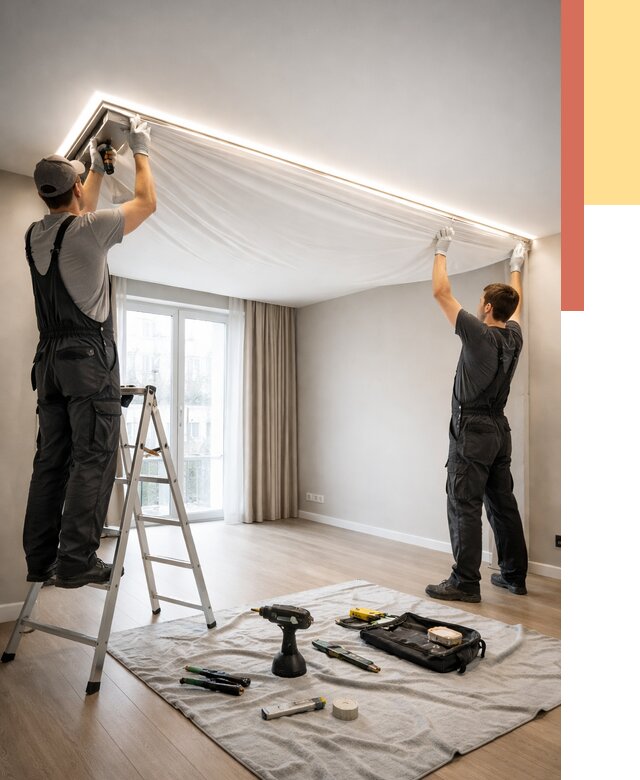 Монтаж парящего натяжного потолка в Кимовске от 4639 руб. быстро и недорого | ОТДЕЛОЧНИК-Кмв