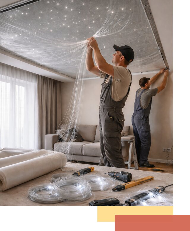 Монтаж натяжного потолка «Звездное небо» в Кимовске