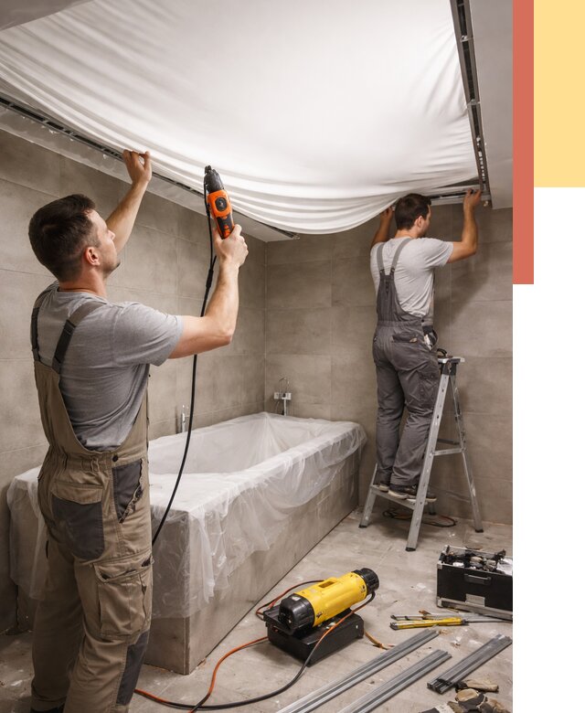 Монтаж натяжного потолка в ванной в Кимовске от 1237 руб. под ключ | ОТДЕЛОЧНИК-Кмв