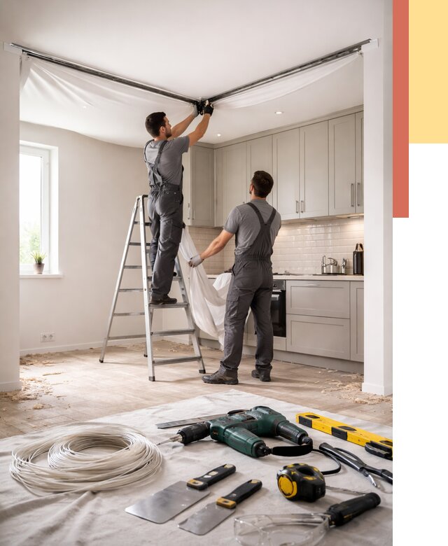 Установка натяжного потолка на кухне в Кимовске от 2474 руб. | ОТДЕЛОЧНИК-Кмв