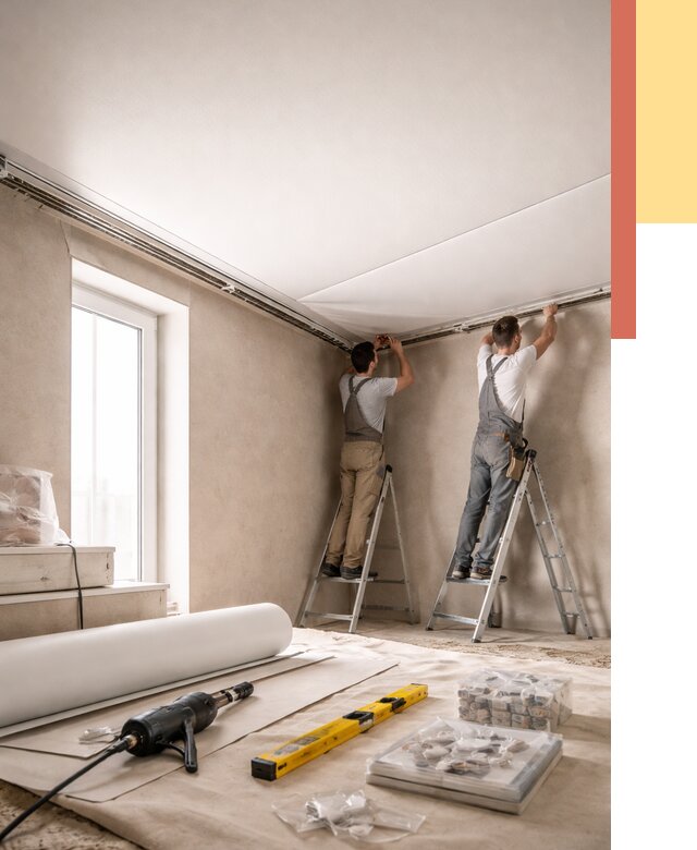 Монтаж натяжного потолка в спальне в Кимовске от 3917 руб. под ключ | ОТДЕЛОЧНИК-Кмв