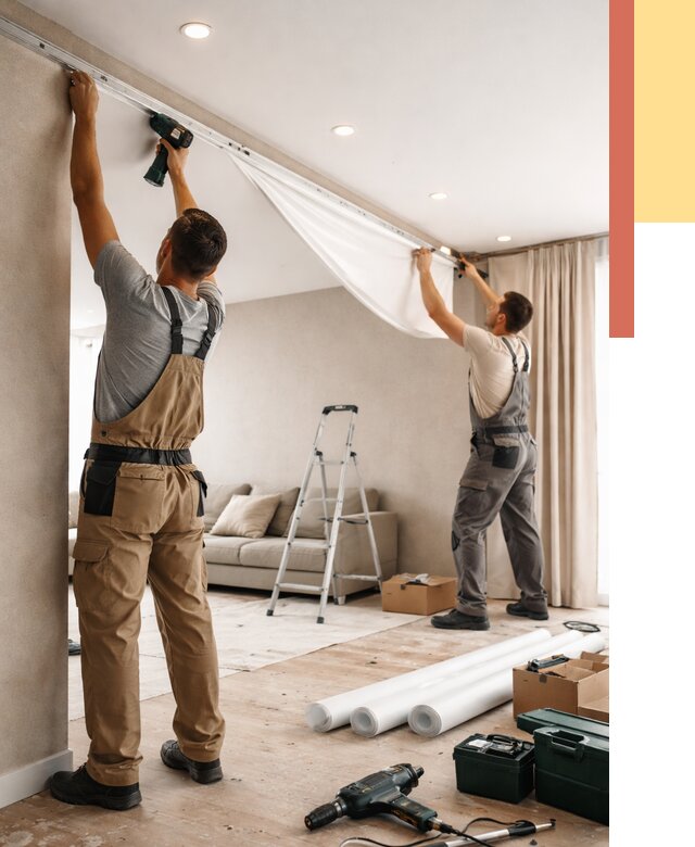 Монтаж натяжного потолка в гостиной в Кимовске от 567 руб. | ОТДЕЛОЧНИК-Кмв