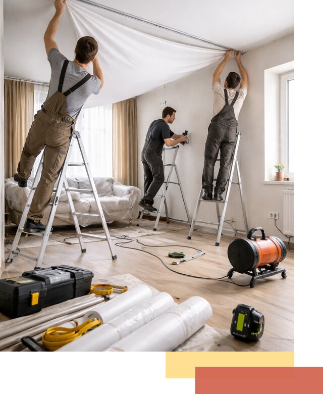 Монтаж натяжного потолка в гостиной в Кимовске