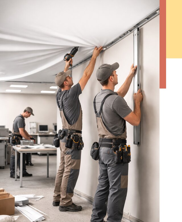 Монтаж натяжного потолка в офисе в Кимовске от 464 руб/м² — быстро и недорого | ОТДЕЛОЧНИК-Кмв