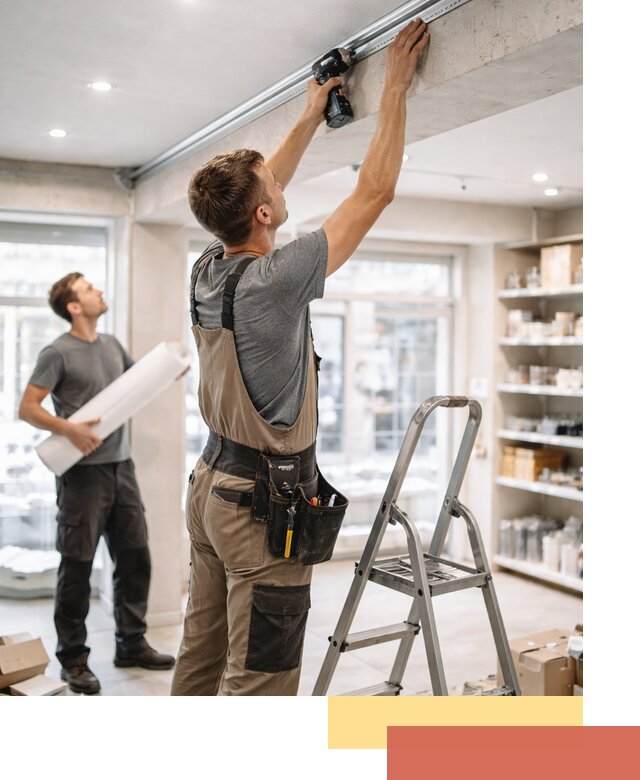 Монтаж натяжных потолков в магазине в Кимовске