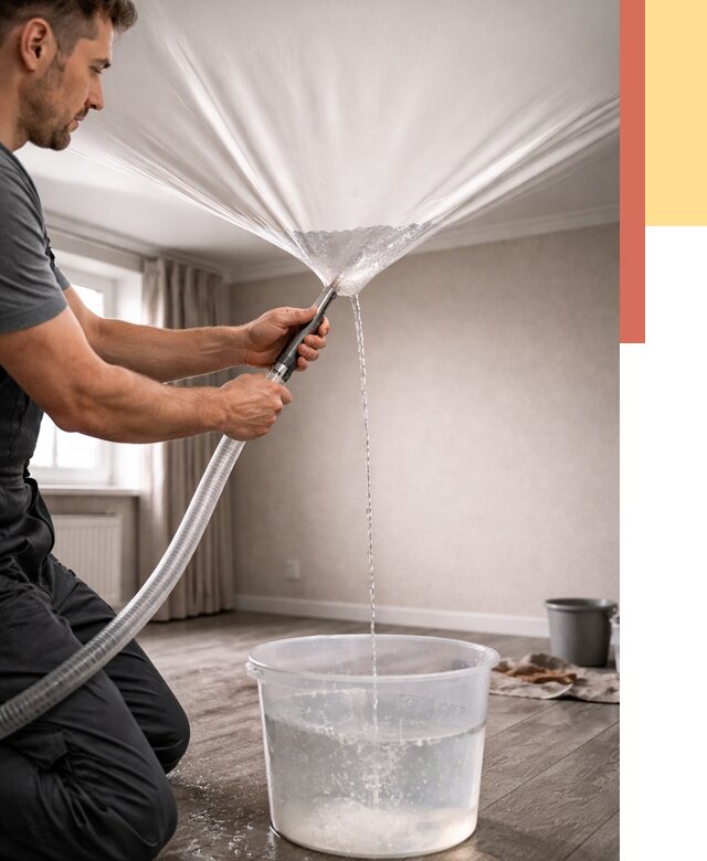 Слив воды с натяжного потолка в Кимовске от 2577 руб. быстро и недорого | ОТДЕЛОЧНИК-Кмв