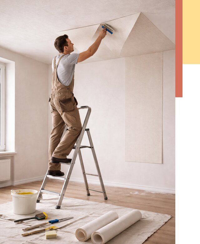 Поклейка обоев на потолок в Кимовске от 4639 руб. быстро и недорого | ОТДЕЛОЧНИК-Кмв